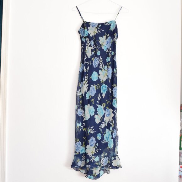 Vintage Dresses & Skirts - BE SMART Vintage Navy Blue Flowy Chiffon Floral High Low Maxi Dress | Size S